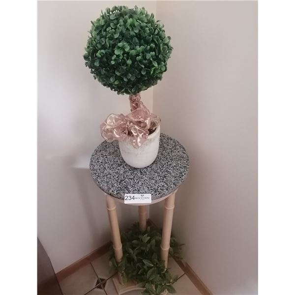 Marble-Style Top Wooden Plant Stand and 2 x Artificial Plants