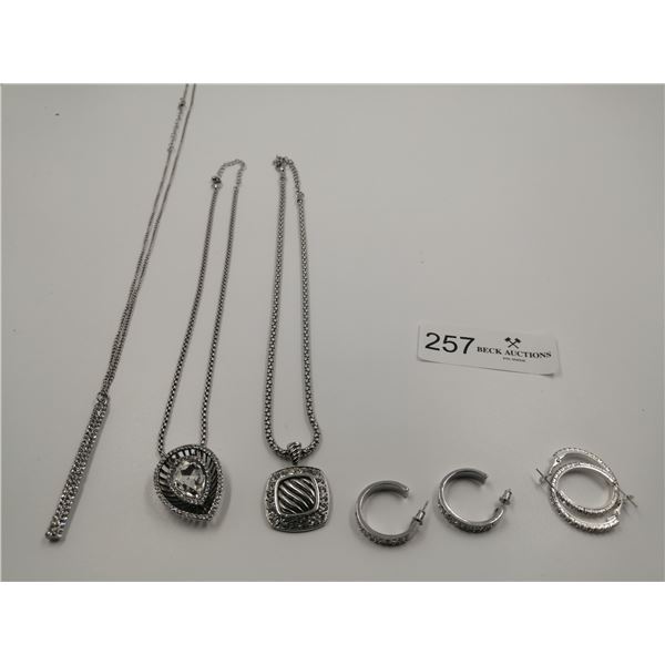 3 x Silver Colored Necklaces and 2 x Pairs of Silver Colored Earrings