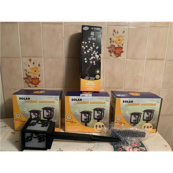 3 x Solar-Powered Yard Accent Lighting Sets and an LED Tree Decoration