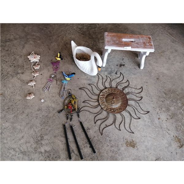 Assortment of Wind Chimes, Wooden Bench, Swan Planter, and Metal Sun