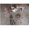 Image 1 : Assortment of Wind Chimes, Wooden Bench, Swan Planter, and Metal Sun