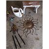 Image 3 : Assortment of Wind Chimes, Wooden Bench, Swan Planter, and Metal Sun