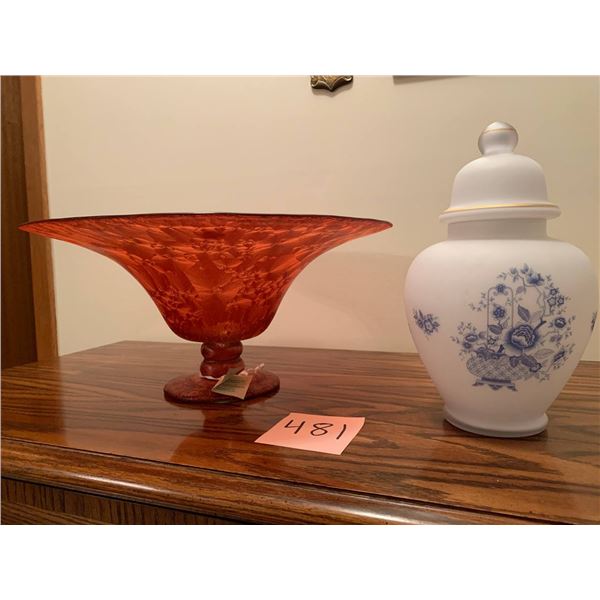 Beautiful Painted Glass Bowl and Frosted Glass Urn