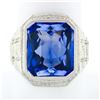 Image 1 : Antique 14k White Gold Large Rectangle Blue Stone Hand Engraved Statement Ring