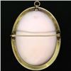 Image 3 : Antique 14K Yellow Gold LARGE Carved Coral Cameo Enamel Frame Brooch Pin Pendant