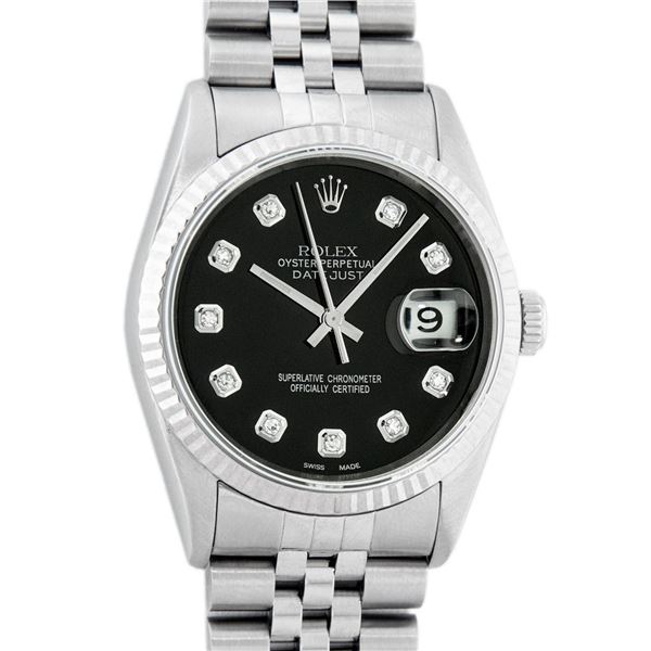 Rolex Mens Stainless Steel Black Diamond 36MM Datejust Wristwatch