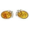 Image 2 : Vintage 18k White Gold Large Oval Amber Diamond Omega Earrings w/ Flower Etching