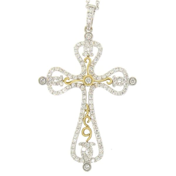 NEW 18k Two Tone Gold 18" 1.26 ctw Pave Round Diamond Open Cross Pendant Necklac