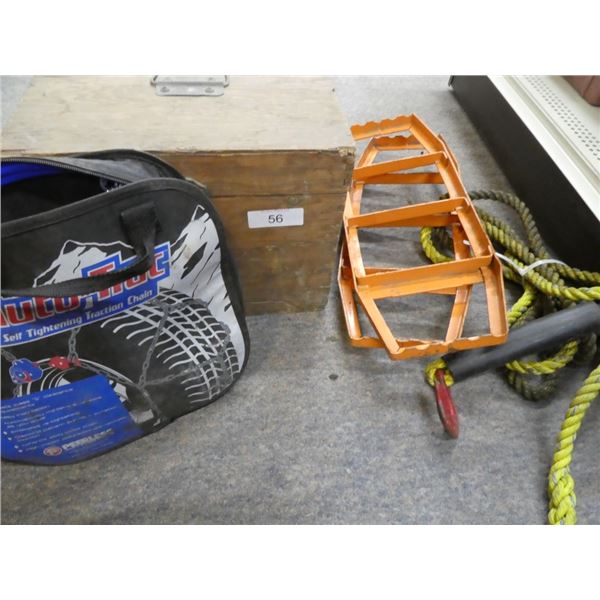 wooden box, self tightening traction chain