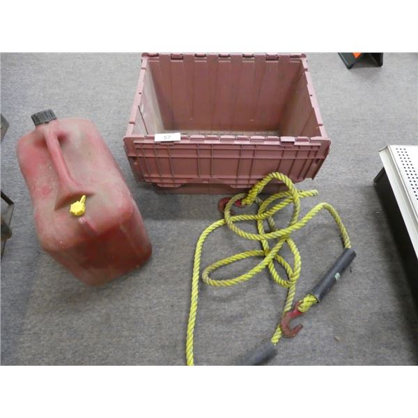 gas can, plastic tote, rope