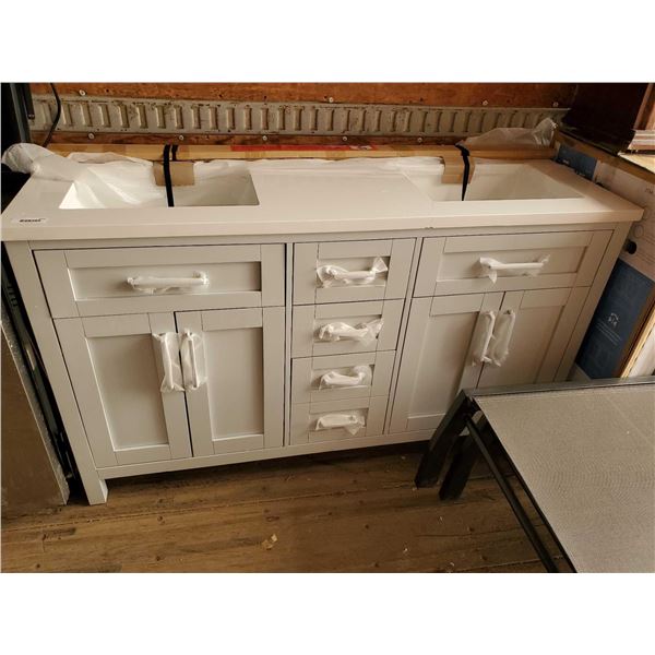 Dual Sink Bathroom Vanity - Damage to One sink as shown in photos - OUT OF BOX - SOLD AS IS