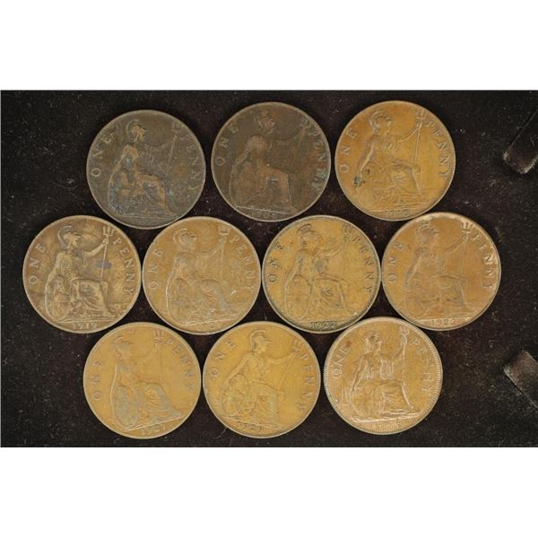 10-GREAT BRITIAN LARGE PENNIES 1902-1948