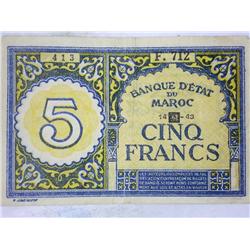 1943 Morocco 5 Francs Note
