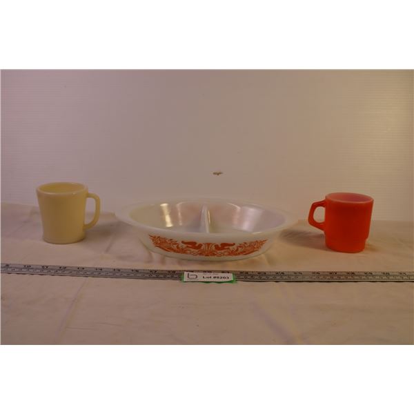 (2) Fire King Mugs + Glasbake Divided Dish