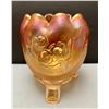 Image 1 : Northwood Marigold “Fine Cut & Roses” 3-Footed Carnival Glass 4 1/2” Tall Rose bowl