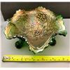 Image 3 : Fenton Green “Lotus & Grape” Ball-Footed Ruffled Nappy - Rare