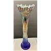 Image 1 : Radium Cobalt Blue Rare 16” Tall Candy Ribbon Topped Carnival Glass Vase!