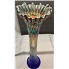 Image 4 : Radium Cobalt Blue Rare 16” Tall Candy Ribbon Topped Carnival Glass Vase!