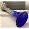 Image 5 : Radium Cobalt Blue Rare 16” Tall Candy Ribbon Topped Carnival Glass Vase!