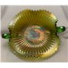 Image 1 : Fenton Green "Smooth rays" Carnival Glass 2-Handled Nappy 7 1/2" wide at handles Chip on bottom base