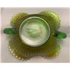 Image 2 : Fenton Green "Smooth rays" Carnival Glass 2-Handled Nappy 7 1/2" wide at handles Chip on bottom base