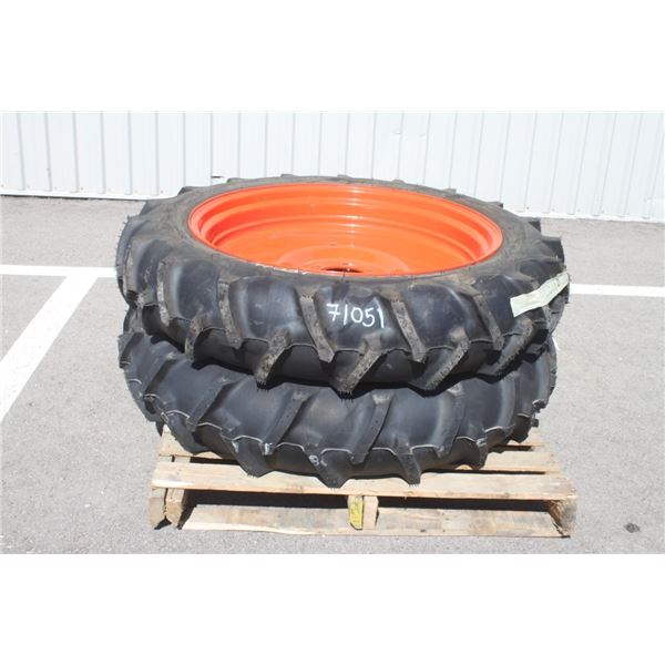 Firestone Pair of 9.5-32 tires on 6 bolt steel Kubota OEM rim, 100% tread, 5 1/4" pilot, 6 3/4" bolt