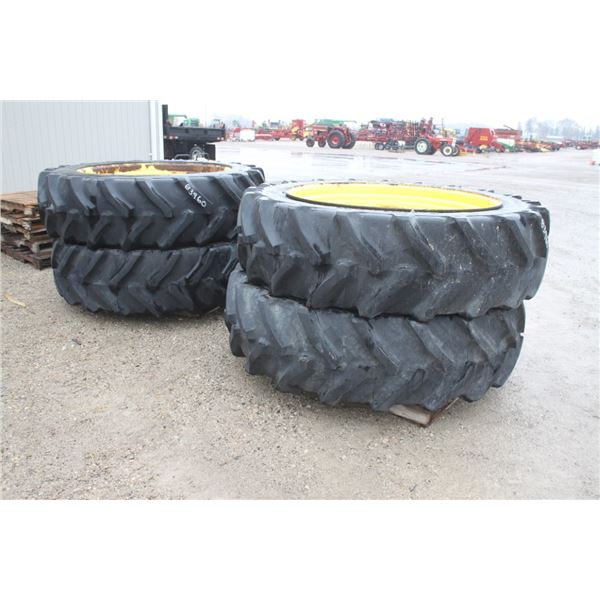 Set of 4 525R1257 tires and 10 bolt rims, 9 bolt outer, 13 3/8 bolt circle, 11 1/8 pilot