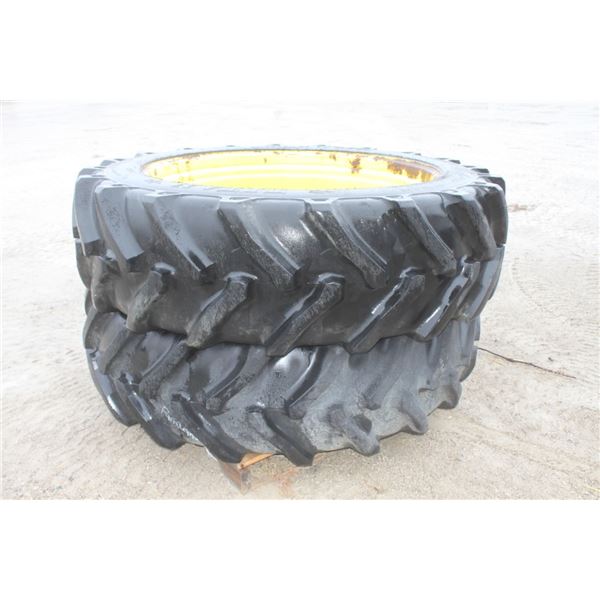 Pair of 525R1257 tires and 10 bolt rims, 13 1/4 bolt circle, 11 1/8 pilot