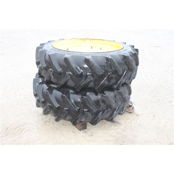 Pair of 430R953 tires and 12 bolt rims, 16 7/8 bolt circle, 14 5/8 pilot