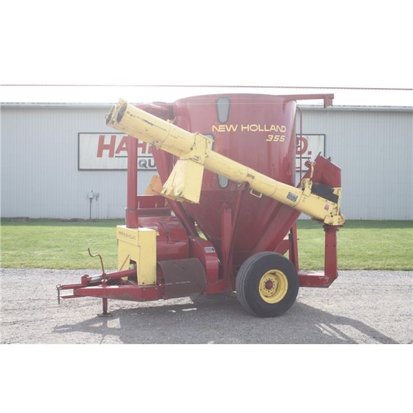New Holland 355 mix mill, intake and discharge augers with removable double bag discharge spout, one