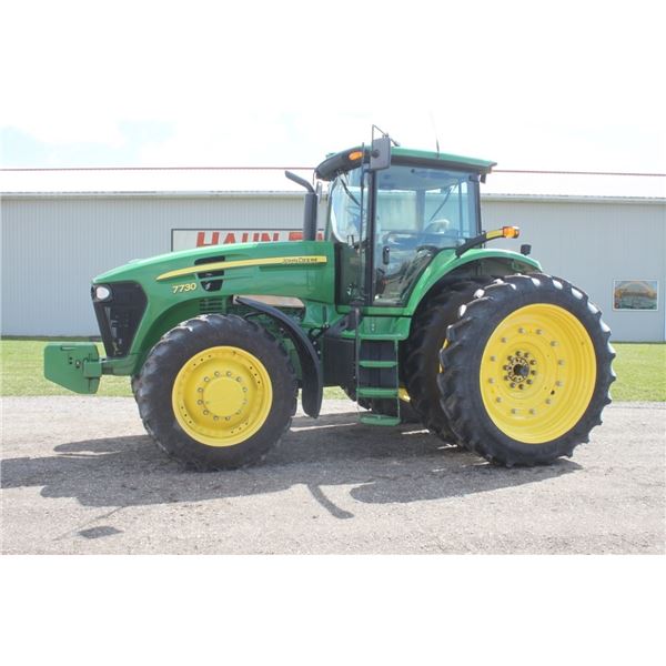 JD 7730 4wd tractor, cab, air, 380/90R-50 axle duals, 20 speed Autoquad, 3 remotes, changeable pto,