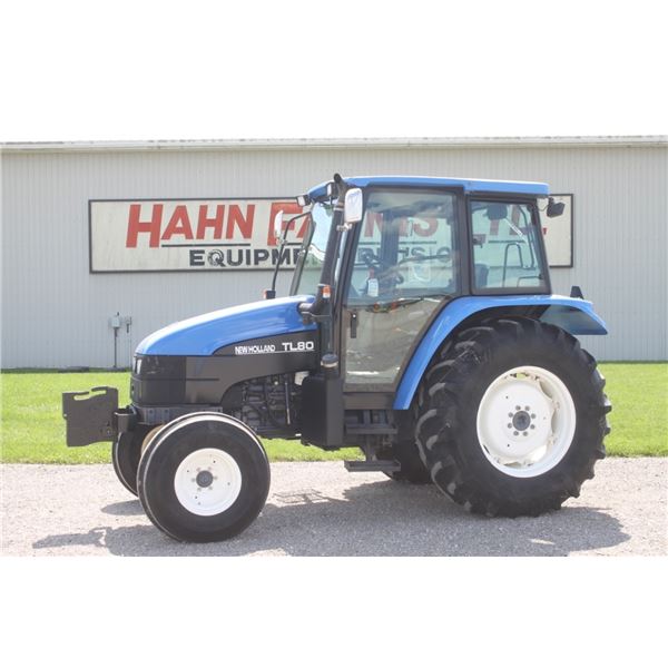 New Holland TL80 2wd tractor, cab, air, 24 speed power shuttle, 18.4x30, 2 remotes, 4 front weights,