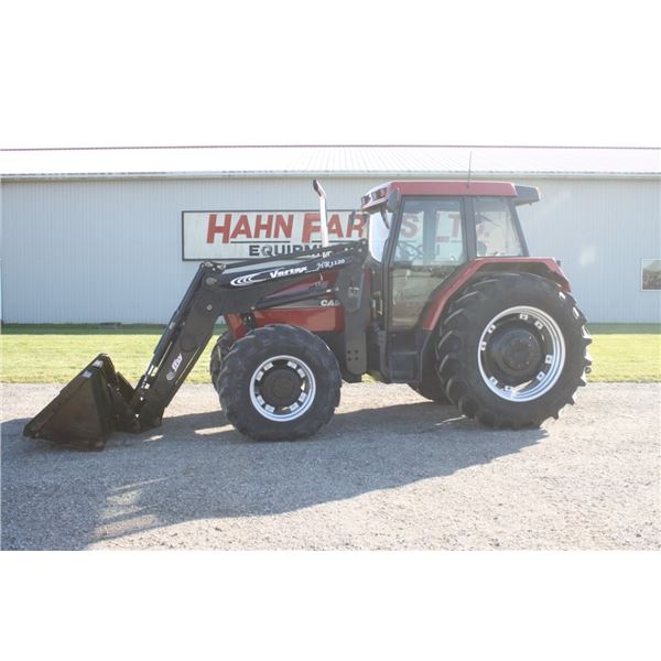 CIH 5240 4wd tractor, cab, air, Frey HR1120 SL high reach loader, JD 600 series QT, powershift, left