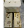 Image 1 : 3-VARIABLE BEIGE LUGGAGE PCS. (1-TRAIN, 2-HEXAGONAL SHAPED). PRETTY OLD.