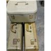 Image 2 : 3-VARIABLE BEIGE LUGGAGE PCS. (1-TRAIN, 2-HEXAGONAL SHAPED). PRETTY OLD.