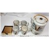 Image 1 : 6pc Matching porcelain Tea kettle, warmer and mug set & Set of gold colored coasters