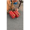 Image 2 : MECHANICS CREEPER WITH 2 AXLE STANDS, 3 JERRY CANS AND BOX OF COVERALLS