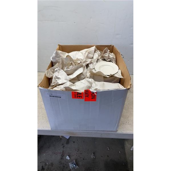 BOX OF HOMER LAUGHLIN CHINA WITH VINEGAR AND OIL BOTTLES