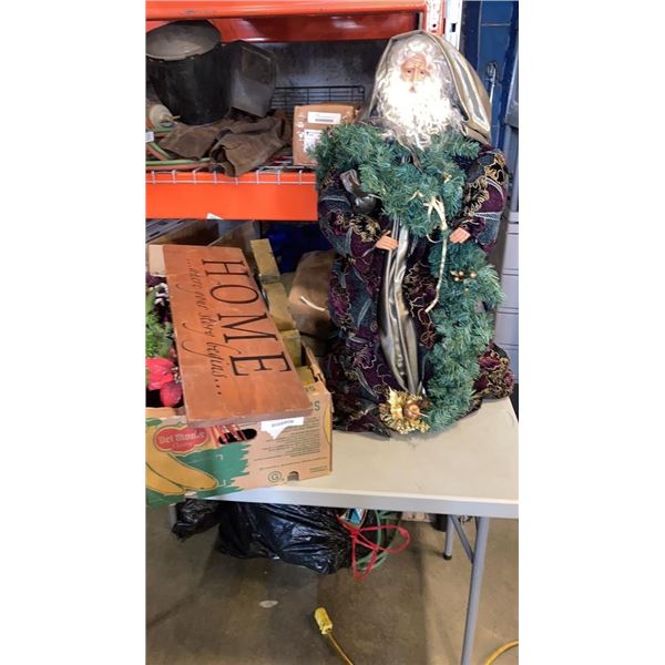 ARTIFICIAL PLANTS, VASE, SANTA FIGURE, HOME SIGN