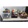 Image 1 : BOX AND WOOD TRAY OF COLLECTIBLES AND CANDLES