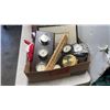 Image 2 : BOX AND WOOD TRAY OF COLLECTIBLES AND CANDLES