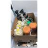 Image 6 : BOX AND WOOD TRAY OF COLLECTIBLES AND CANDLES