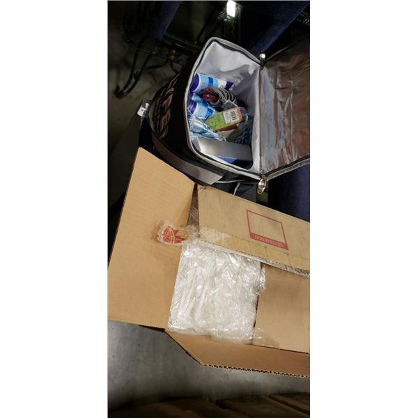 COOLER OF NEW BODY CREAMS LOTIONS AND BOX OF PLASTIC FORKS