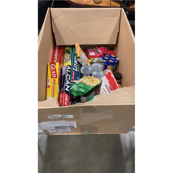 BOX OF FOOD ITEMS AND SERAN WRAP, ALUMINUM FOIL