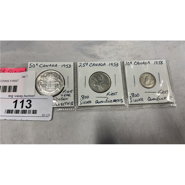 3 1953 SILVER CANADIAN COINS FIRST YEAR QUEEN ELIZABETH II - 50 CENT, 25 CENT, 10 CENT .800 SILVER