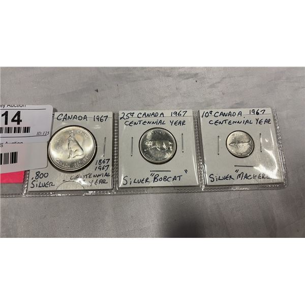 3 1967 SILVER CANADIAN COINS CENTENNIAL YEAR 1867-1967 - 50 CENT, 25 CENT, 10 CENT .800 SILVER