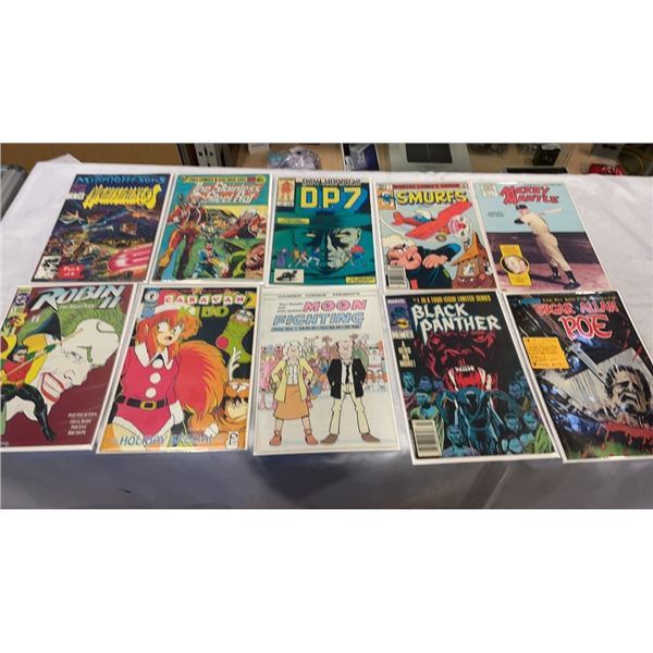 10 #1 COLLECTOR COMICS - EDGAR ALLAN POE, MICKEY MANTLE, ROBIN II, BLACK PANTHER, SMURFS, AND MORE