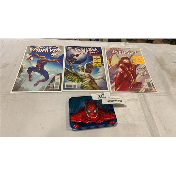 2 DECKS OF SPIDERMAN CARDS PLUS 3 COLLECTOR SPIDERMAN COMICS