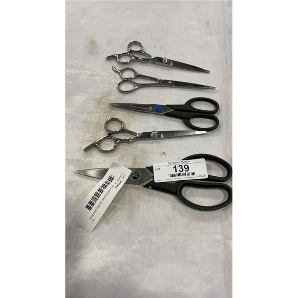 3 PAIRS OF HAIRDRESSING SCISSORS AND 2 PAIRS HENCKELS SCISSORS