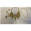 Image 1 : BAG OF MISC. GOLD TONE JEWLERY - 2 NECKLACES, KEYCHAIN, 2 PINS, AND WOOD PENDANT